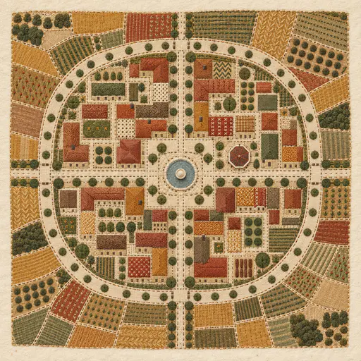 A quilted map of a small town seen from above has a central square with a fountain and a bandstand, four stitched streets and fabric buildings in folk patterns.