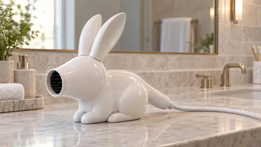 Hare dryer: a white rabbit-shaped hair dryer lying on a pale stone vanity, its open rounded snout flaring as the nozzle, long ears rising as the upper housing, a braided power cord trailing from the handle across the vanity toward a softly blurred bathroom mirror and tile.