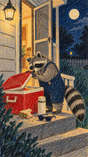 A raccoon with a ringed tail stands on its hind legs and lifts the lid of a forgotten red cooler on a porch step beside a half eaten sandwich and a thermos at night in crayon.