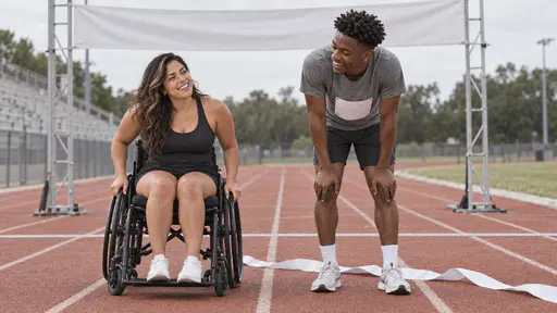 A woman with long dark wavy hair and a caramel streak in her plain black manual wheelchair and a tall lean young man with a coily twist-out bent forward with his hands on his knees catch their breath side by side smiling just past a blank finish banner in late-morning light.