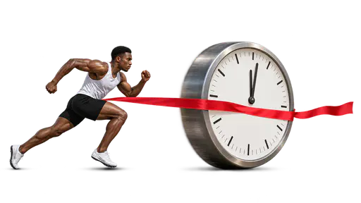 Racing against the clock: a sprinter leans into a sprint beside a giant clock rolling on its rim in the next lane, both chasing the same finish ribbon with the clock slightly ahead, showing the strain of trying to finish before time runs out, isolated on transparency.