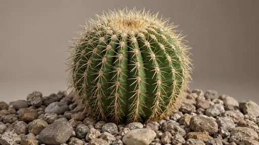 One rounded barrel cactus covered in neat radial rows of pale spines rests among small plain pebbles in even morning light.