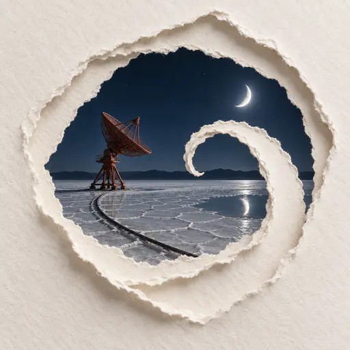 A rust-red radio telescope stands on a moonlit salt flat inside a deep spiral opening torn through warm-white paper.