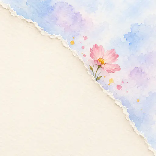 The ragged torn edge of a blank cream sheet of paper runs diagonally with white fibres along the tear over a pale blue wash with a small watercolor flower.