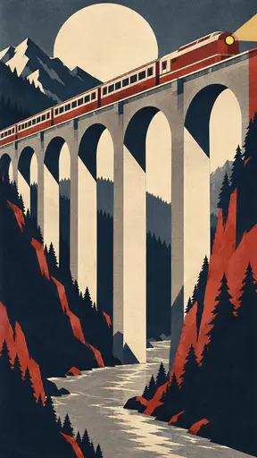 A tall stone railway viaduct with a cream and brick red train crossing the top above a river and a pale sun circle in art deco planes.
