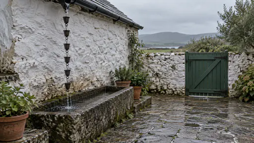 A wet rain chain hangs from a roof gutter over a long low stone trough along a whitewashed courtyard wall, a steady thread of water running down it into the trough with small terracotta pots beside, in grey light.