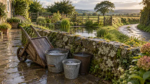 A wooden wheelbarrow and a cluster of three buckets beside a lichen-covered stone wall hold collected rainwater with the last drips falling into them and fine ripples on the surface in soft clear light just after a shower.