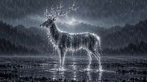 Rain deer: a deer in profile built entirely from falling rain, its translucent body a coherent mass of cascading water streaked inside with vertical droplet lines, four legs tapering into falling streams that pour into a shallow puddle bearing soft ripple rings, antlers rising as fine glistening…