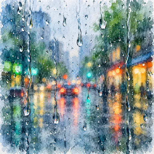 Large rain droplets and long run lines slide down a window pane with the street beyond blurred into blue, green and warm orange watercolor washes.