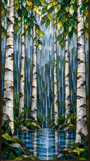 Rain falls as thin pale blue glass slivers among slender white birch trunks with jade and gold leaf pieces in a soldered stained glass panel.