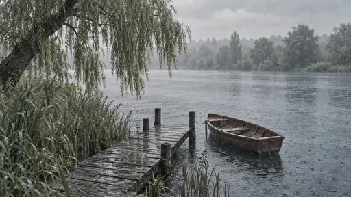 Steady rain falls on a slow river ringed with raindrop circles beside reeds, a leaning willow, a landing stage and an empty rowing boat in soft tints.