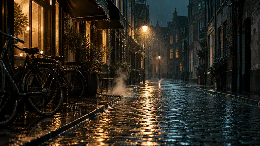 Steady rain falls on a narrow cobbled street at night with warm shop window reflections on the wet stones, dripping awnings and a distant lamp.