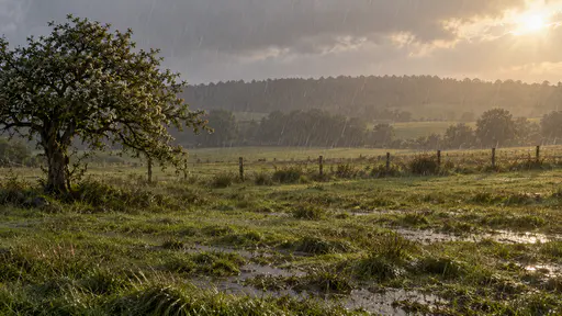 A rolling meadow with a blossoming hawthorn on the left, a dark tree line on a low hill and a wooden post fence stands under falling rain streaks with puddles on the grass as low sun breaks through cloud above the tree line.