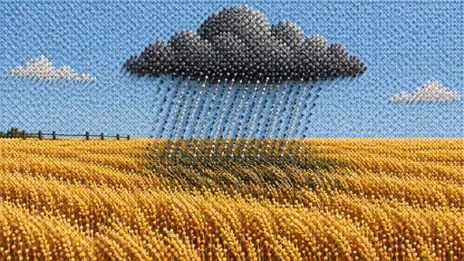 Pin relief of a slate cloud over a golden wheat field, slanted rain falling onto a darker bent patch of wheat below, a thin fence at the left horizon and two small white clouds.