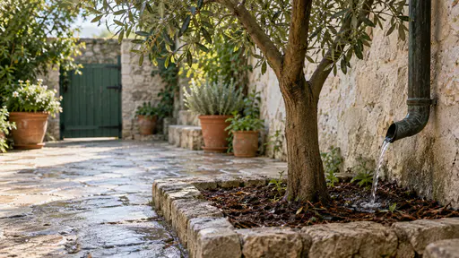 A small tree stands in a square stone-edged tree pit cut into courtyard paving, filled with dark mulch, as a downpipe pours a thin stream of rainwater into the pit beside the trunk, the water soaking into the mulch in soft diffused light.