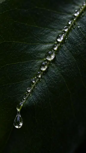 A dark matte leaf crossed diagonally by one long crease that gathers raindrops into a broken silver line with one crisp bead cluster near the centre, and one large drop hanging detaching just below the crease's lowest point in soft side light.
