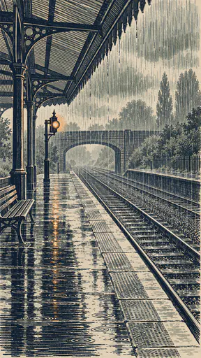 Rain falls in vertical hatch lines past an iron platform canopy onto a puddled platform with a bench, a lamp and tracks converging to a distant bridge.