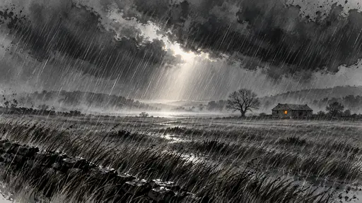 Curtains of slanting rain sweep across an open field with a lone bare tree and a stone barn under a heavy sky in ink wash with one amber window.