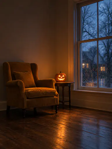 An empty Halloween portrait backdrop: an ochre armchair and a small side table with a lit carved pumpkin lantern sit by a tall rain-streaked window at dusk, the wooden floor visible and the centre of the frame left open for a seated subject to be added later.