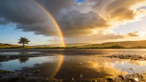 A 16:9 landscape photograph of a rainbow forming after heavy rain, with wet foreground reflections, low sun rim light, and clearing storm clouds for wallpaper use.