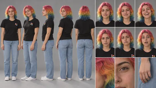 A 16:9 studio character sheet of a young person with shoulder-length rainbow hair in a black t-shirt with small pins, light jeans and white sneakers, shown in five full-body views, six expressions and three close details.