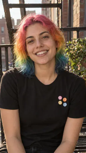A smiling young person in their mid-twenties with shoulder-length hair dyed in bands of pink, orange, yellow, green and blue, a small gold nostril hoop and a black t-shirt with four small pastel pins, on a fire escape in warm light.