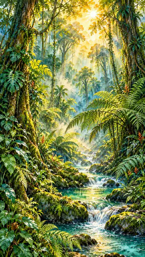 Sunrise in a dense tropical rainforest with golden sunbeams breaking through the canopy and mist over giant ferns, hanging vines and a winding stream.