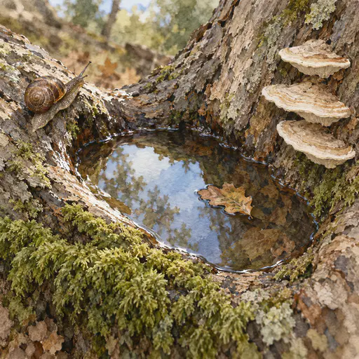 A watercolor close view into the fork of a fallen oak holding a pool that reflects pale sky and trees, a brown snail climbing the left rim, three cream shelf fungi on the right bark, moss along the lower edge and one oak leaf floating on the water.