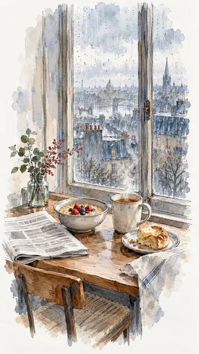 A small breakfast table at a tall rainy apartment window holds a mug of tea, a bowl of oatmeal with berries and a buttered roll in an ink and watercolor urban sketch.