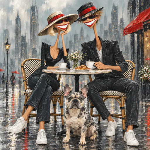 Stylised illustration of a long-faced grinning couple in hats with their French bulldog at a rainy café