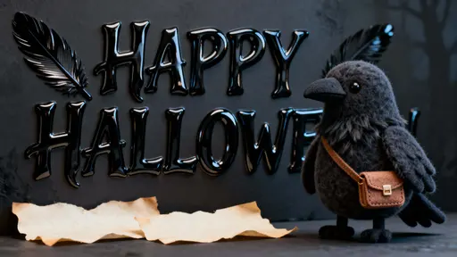 Photo-real 16:9 render of raised lacquer 'HAPPY HALLOWEEN' as glossy deep-black strokes with feathered striations, a faux-fur charcoal raven front-right with parchment props, cool blue rim and warm tan highlight, framed for card-safespacing