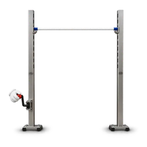 Raising the bar: a white cartoon glove turns a crank beneath a high-jump bar held perfectly level far above pale scuff marks that record its former lower height on two steel uprights. The image conveys increasing the standard that must be met.
