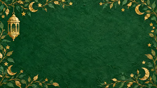 A wide deep emerald green parchment card background with gold-leaf leafy stems, crescent moons, stars and small white flowers along the margins, a hanging gold lantern at the upper left and a large empty green centre.