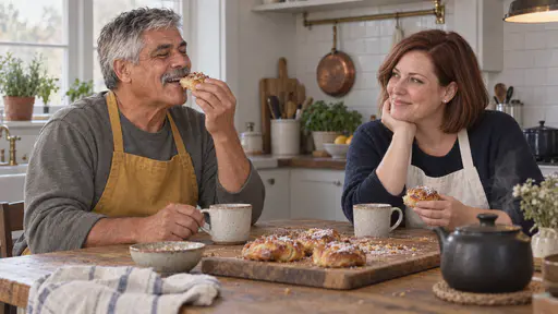 A man with a grey moustache in a mustard apron lifts a pastry to his mouth with a delighted look across a table from a woman with an auburn bob in a white apron smiling with her chin on one hand beside a half-empty board and a steaming pot of tea.