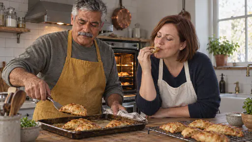 A man with a grey moustache in a mustard apron lifts a golden baked pastry from a tray with a spatula while a woman with an auburn bob in a white apron takes a small bite from the corner of one with closed eyes and a pleased expression beside a glowing open oven.