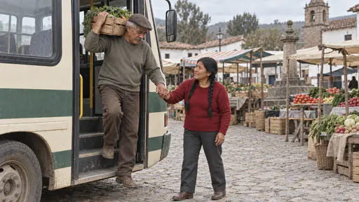 An elderly man with a grey moustache in a flat cap steps down from the open door of a small cream and green rural bus with a plain vegetable crate on his shoulder while a woman with two long braids in a red sweater holds up a hand to help him in a market square.