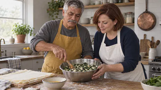 A broad-shouldered man with a grey moustache in a mustard apron stirs a steel bowl of chopped spinach and crumbled cheese with a wooden spoon while a woman with a chin-length auburn bob steadies the bowl at a wooden worktable beside pastry sheets and beaten egg.