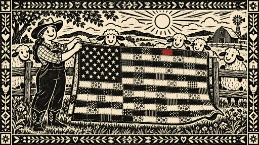 Ranch fence with a handmade flag quilt airing while adult hands smooth one corner. Thirteen stripes and a neat canton work honest.