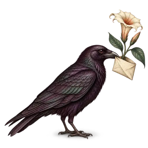 Botanical copperplate engraving of a raven in profile, its beak gripping a small folded paper packet from whose open fold a single pale night-blooming trumpet flower grows on an arcing stem — an original raven botanical Halloween illustration in aubergine ink with green and copper gouache on transparency.