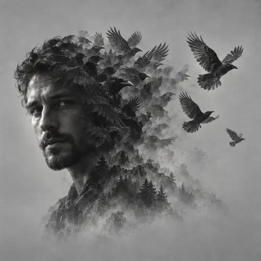 Invented adult portrait in three-quarter view merged with a rising flock of ravens; dark layered wings fill the head mass and shoulders while three birds break from the silhouette into a plain smoke-grey field.