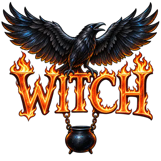 A black raven with spread wings perches atop the orange flaming word WITCH, with a small black cauldron hanging below, isolated on transparency.