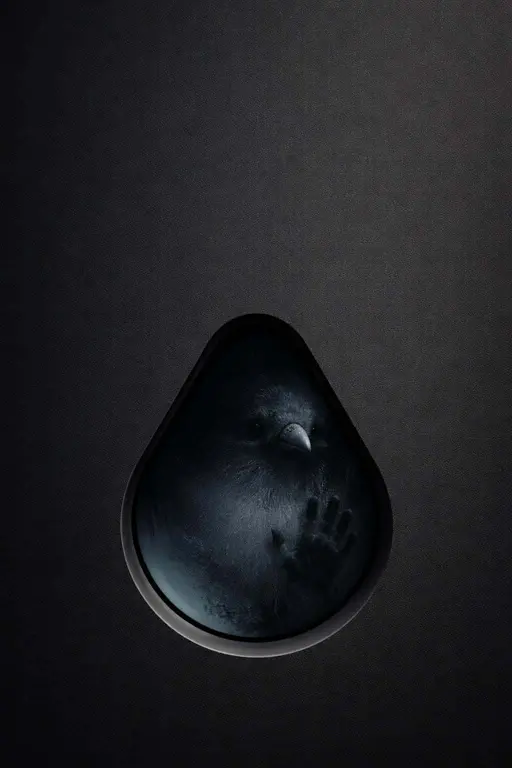 Minimal dark 2:3 wallpaper with a deep charcoal gradient and matte grain, showing a beveled teardrop cutout housing a fogged smoked-glass panel with a small raven silhouette pressing close and fingertip swipe marks, lit by a dim bluish rim glow.