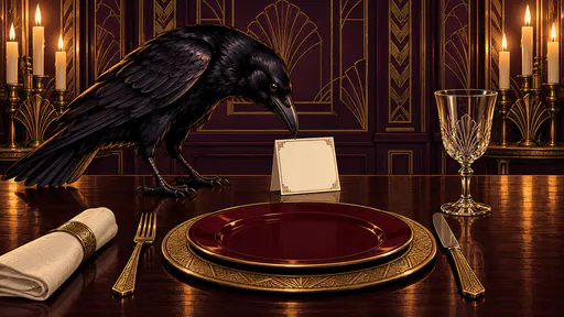 A black raven bows to place a single blank ivory place card at an empty art-deco table setting with engraved brass details, a gothic Halloween dinner illustration.
