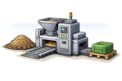 Side‑view diagram of raw materials entering a machine and the finished product exiting, rendered as a clean vector poster composition with a 3:2 crop guide.