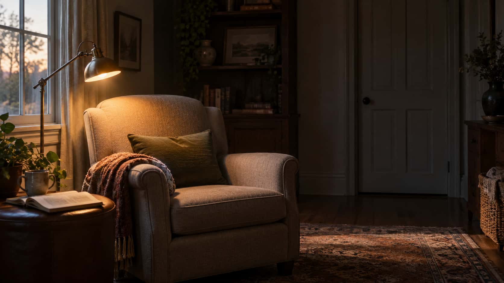 In an evening reading nook a lamp is switched on and tilted toward an empty armchair with a folded blanket over its arm, the rest of the room dim and a closed door behind, in warm lamp glow.