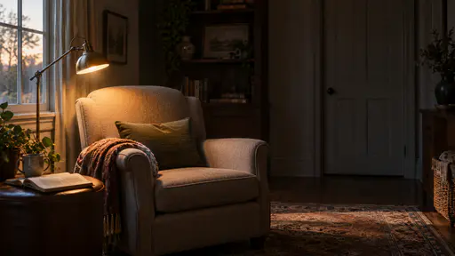 In an evening reading nook a lamp is switched on and tilted toward an empty armchair with a folded blanket over its arm, the rest of the room dim and a closed door behind, in warm lamp glow.