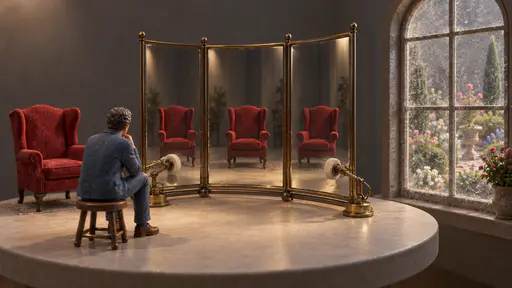 Recommendations polish the same mirror. A miniature figure sits before three standing mirrors that all reflect the identical small red chair, tiny brass polishing arms keeping the glass gleaming, while a dusty arched window showing a varied garden is neglected, showing how repeated personalization can narrow what someone encounters.