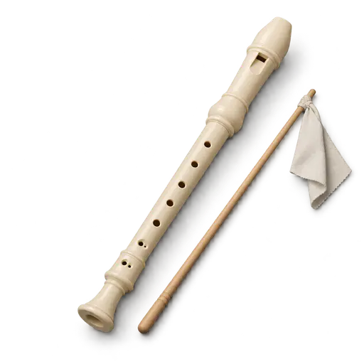 A cream recorder flute lying diagonally beside a thin wooden cleaning rod with a small cloth tied to its end, on a transparent background.