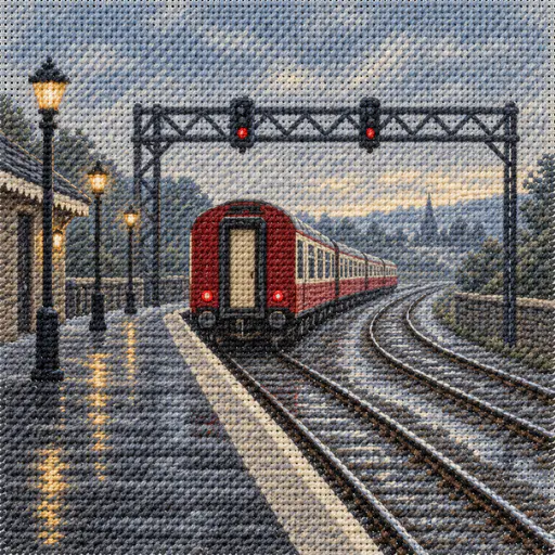 A red and cream commuter train pulls away from a wet platform with a signal gantry above and rails curving toward a pale horizon in stitched needlepoint.