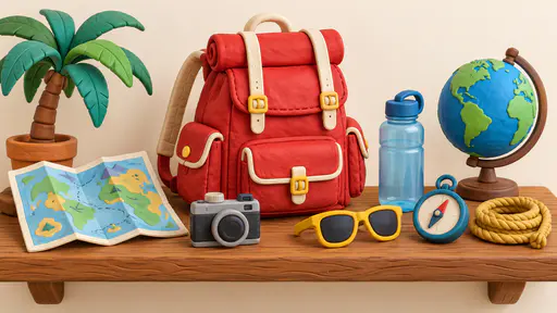 A red clay backpack stands on a wooden shelf beside a folded map, a camera, sunglasses, a compass, a coiled rope, a water bottle and a small globe in polymer clay.